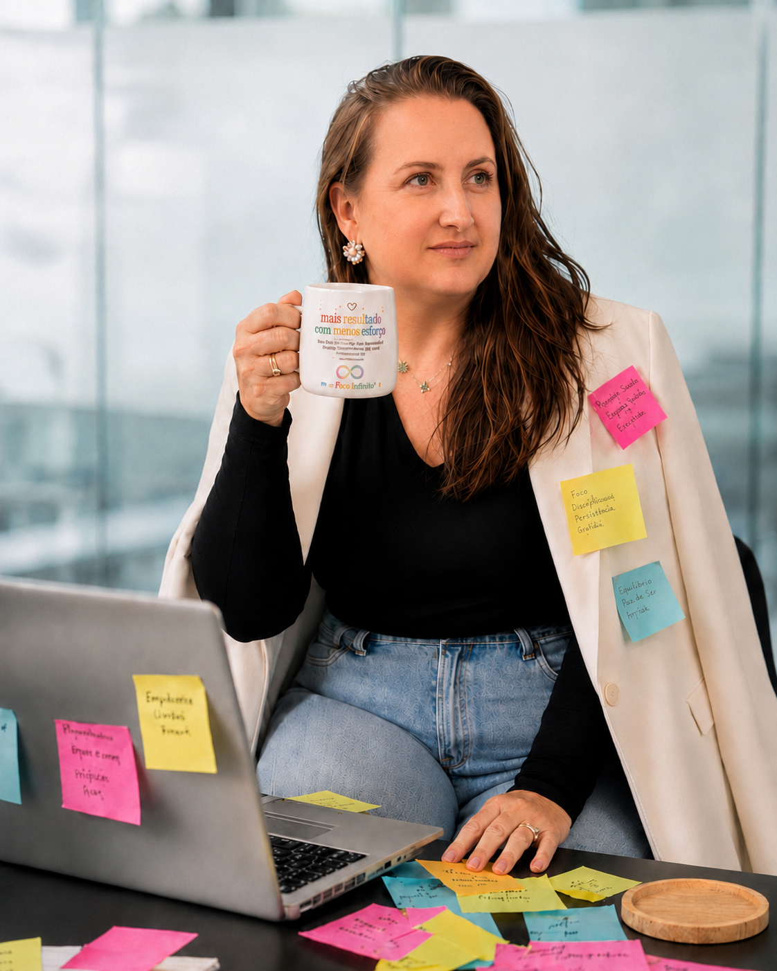 Camila Mozel em uma mesa de trabalho com post-its, notebook e caneca