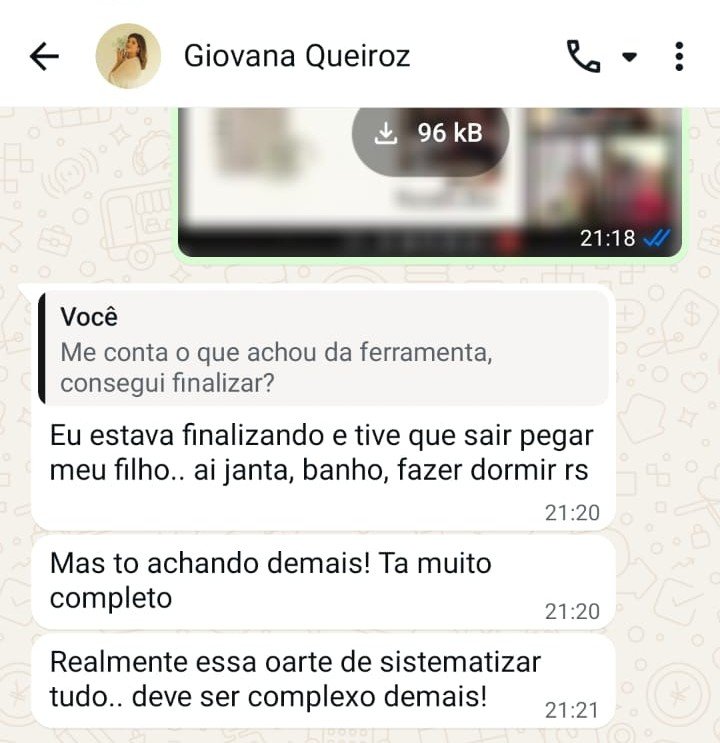 Print de WhatsApp com Giovana Queiroz dizendo que a ferramenta está muito completa